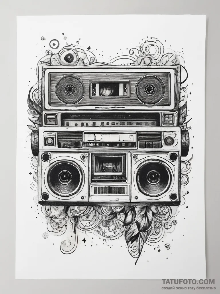 Tattoo sketch 1980s cassette tape with a boom... - эскиз тату (№1758284857_0, 19.09.2025 12:27) — Tatufoto.com