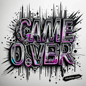 Тату-эскиз 'GAME OVER' в стиле глитч, выполненный в технике блэкворк с неоновыми элементами. Идеально для любителей киберпанка.