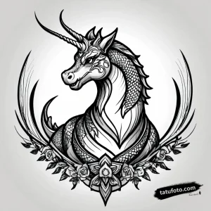 Эскиз татуировки единорога в стиле японской татуировки Irezumi, детализированная графика, черные чернила.