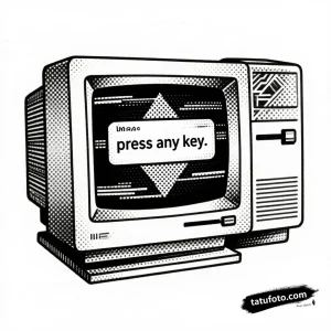 Тату-эскиз старого компьютерного монитора с надписью "press any key" в стиле дотворк и пуантилизма.