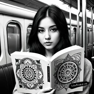 Тату-эскиз: Реалистичный портрет девушки, читающей книгу в токийском метро, выполненный в стиле дотворк и стippling.