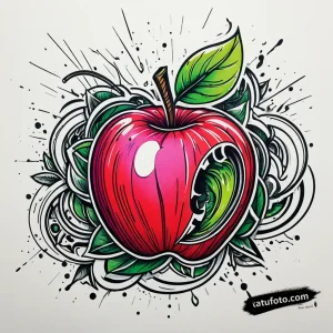 Тату-эскиз яркого яблока в стиле New School с четкими контурами и брызгами краски.