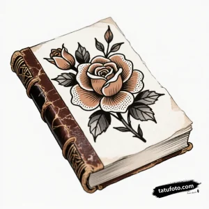 Тату-эскиз: роза, распускающаяся из страниц старинной книги в стиле American Traditional.