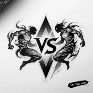 Тату-эскиз реалистичной дуэли двух абстрактных фигур с символом 'VS', выполненный в технике блэкворк и градиентной штриховке.