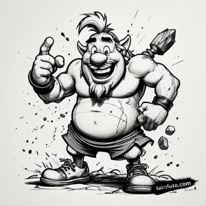 Тату-эскиз Обеликса из комиксов Asterix в стиле Trash Polka, черно-красный, динамичный, с юмористическим выражением лица.