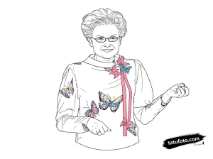 Эскиз татуировки портрета пожилой женщины, окруженной бабочками, выполненный в графическом стиле.