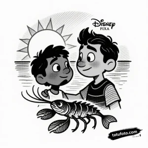 Тату-эскиз Лука и Альберто из мультфильма Disney Pixar на фоне заката, выполненный в технике тонкой линии.