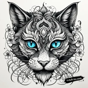 Тату-эскиз черного кота с неоновыми голубыми глазами в стиле Ирэзуми, с элементами дракона и сакуры.