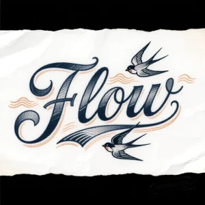 Тату-эскиз надписи 'Flow' в стиле олд скул с ласточками и волнами. Идеально для любителей классики.