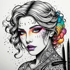Тату-эскиз: портрет девушки с яркой палитрой теней в стиле дотворк и pointillism.