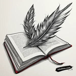 Тату-эскиз: Открытая книга, страницы которой трансформируются в перо, выполненный в стиле классической графики с красными акцентами.