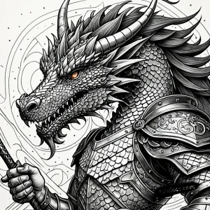 Тату-эскиз Георгия Победоносца, сражающегося с драконом, выполненный в технике дотворка с яркими цветами.