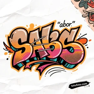 Тату-эскиз в стиле New School: яркая надпись "Sabor" с элементами граффити и дотворком.