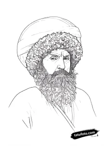Тату-эскиз портрета мужчины в тюрбане, выполненный в графическом стиле с высокой детализацией. Эскиз татуировки.