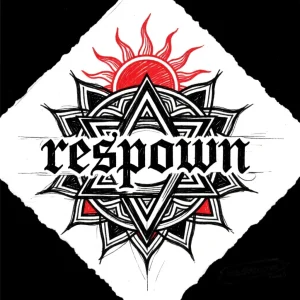 Тату-эскиз в стиле нео-традишнл с символом 'Respawn' и восходящим солнцем, выполненный в черном и красном.