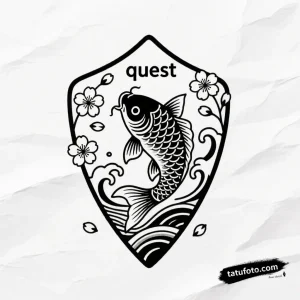 Тату-эскиз в стиле японской Ирэзуми: знак 'Quest' с карпом кои, драконом и сакурой.
