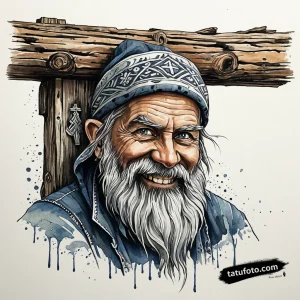 Тату-эскиз Домового, славянского духа-хранителя, в стиле акварельной графики. Детализированный рисунок.