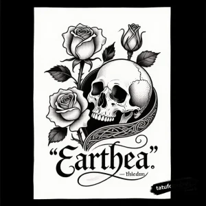 Тату-эскиз в стиле Chicano: череп, окруженный розами, с надписью "Earthea".