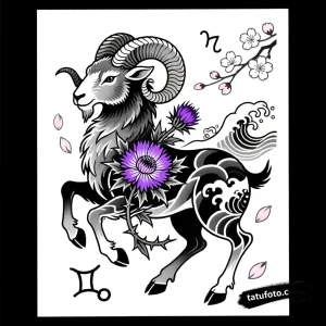 Тату-эскиз Овна, знака зодиака, в японском стиле Ирэзуми с фиолетовым чертополохом и волнами.