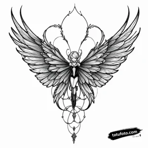 Тату-эскиз Гвен Стейси с крыльями в стиле Art Nouveau, детализированная графика, черная и серая гамма.