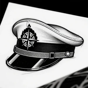 Тату-эскиз берета с компасом в стиле нео-традишнл, выполненный в технике блэкворк. Изолированный эскиз татуировки.
