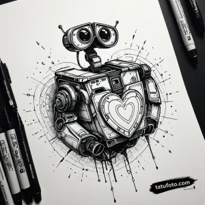Тату-эскиз в стиле блэкворк: роботизированное сердце WALL-E, детализированная графика.