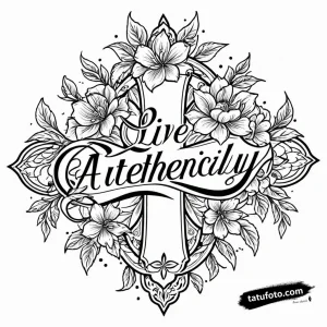 Тату-эскиз в стиле нео-традишнл с надписью 'Live Authentically' и цветочным орнаментом. Черно-белый эскиз татуировки.