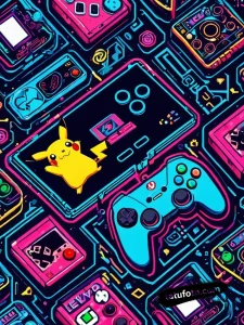 Тату-эскиз в стиле New School с Xbox, Game Boy, персонажами игр и надписью "Level Up".