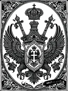 Тату-эскиз двуглавого орла в стиле блэкворк с элементами русской символики и геральдики.