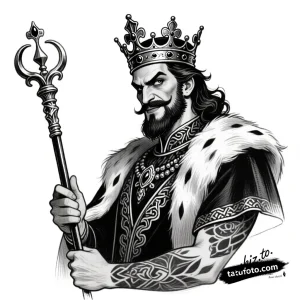 Тату-эскиз реалистичного Короля Джулиана из Мадагаскара с королевским скипетром в стиле black and grey.