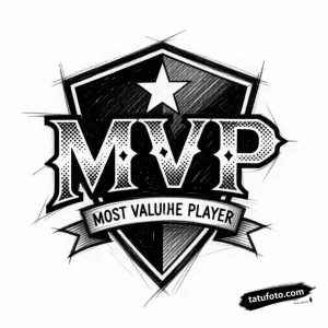 Тату-эскиз MVP в стиле блэкворк с использованием техники дотворк. Изображение знака 'Most Valuable Player'.