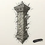 Тату-эскиз: нео-традишнл колонна, пораженная молнией, с эффектом старинного рисунка. Детализированный эскиз татуировки.
