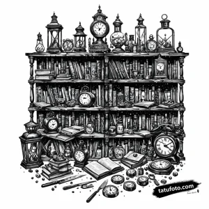 Тату-эскиз детализированной антикварной лавки в стиле графика и дотворка. Книги, часы, куклы.