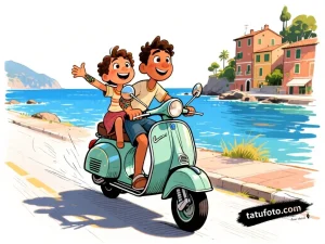 Тату-эскиз: Лука и Альберто из мультфильма Pixar едут на Vespa по итальянскому побережью, стиль - детализированный скетч.