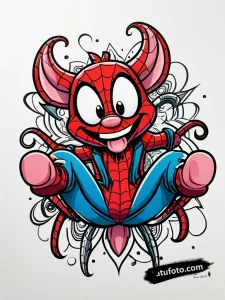 Тату-эскиз Паука-Хэма в ярких цветах, выполненный в мультяшном стиле с декоративными элементами. Идеально для любителей комиксов.