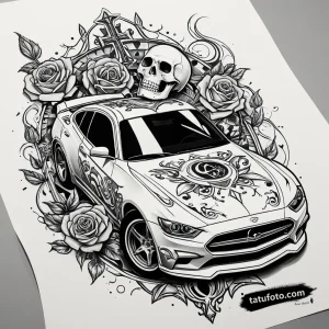 Тату-эскиз: Молния Маквин из Cars 2 в стиле Чикано с розами, черепом и религиозной символикой.