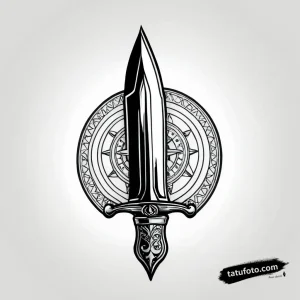 Тату-эскиз реалистичного тактического ножа с интегрированным компасом в стиле Trash Polka. Четкие черные линии.