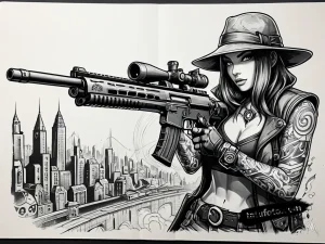 Тату-эскиз Кейтлин из League of Legends с снайперской винтовкой на фоне ночного города, стиль Аркейн и Ньюскул.