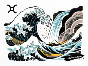 Тату-эскиз Водолея в стиле нео-традишнл, изображающий мощный водопад и водные потоки, символизирующие стихию воды.