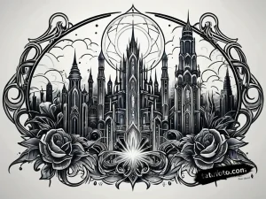 Тату-эскиз города Заун, вдохновленный Arcane, в стиле реалистичной графики с детальной проработкой и черной серой гаммой.