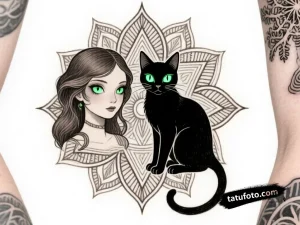 Тату-эскиз Коралины и черного кота в стиле магического реализма с геометрическими узорами и мандалами.