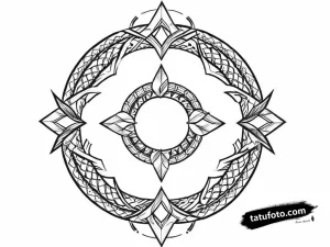 Тату-эскиз: геометрический дизайн с ouroboros и стрелой, выполненный в стиле блэкворк. Символ роста и цикличности.