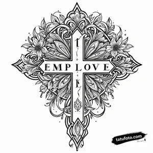 Тату-эскиз креста в стиле нео-традишнл с цветами и надписью 'EMPLOVE'. Детализированный эскиз татуировки.