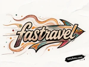 Тату-эскиз 'Fast Travel' в стиле New School с акварельными разводами и эффектом скорости.