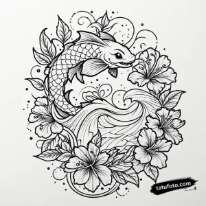 Тату-эскиз: изящный кои среди гибискусов в стиле японской Irezumi с элементами дотворка.