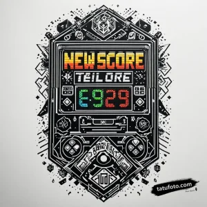 Тату-эскиз в стиле 8-bit: пиксельный scoreboard с надписью "NEW HIGH SCORE", графика дотворк.