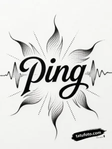 Тату-эскиз стилизованного символа 'Ping' с динамичными звуковыми волнами в технике лайнарт.
