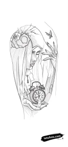 Тату-эскиз девушки с часами в руках, выполненный в графическом стиле с элементами сюрреализма. Идеально для любителей оригинальных татуировок.