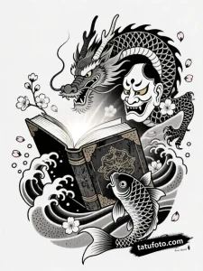 Тату-эскиз в стиле Ирэзуми: маг с книгой, дракон, кои и маска Хання. Черно-серый эскиз татуировки.