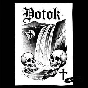 Тату-эскиз: руна 'Поток' в сцене водопада, стиль Chicano, дотворк, черепа и роза. Эскиз татуировки.